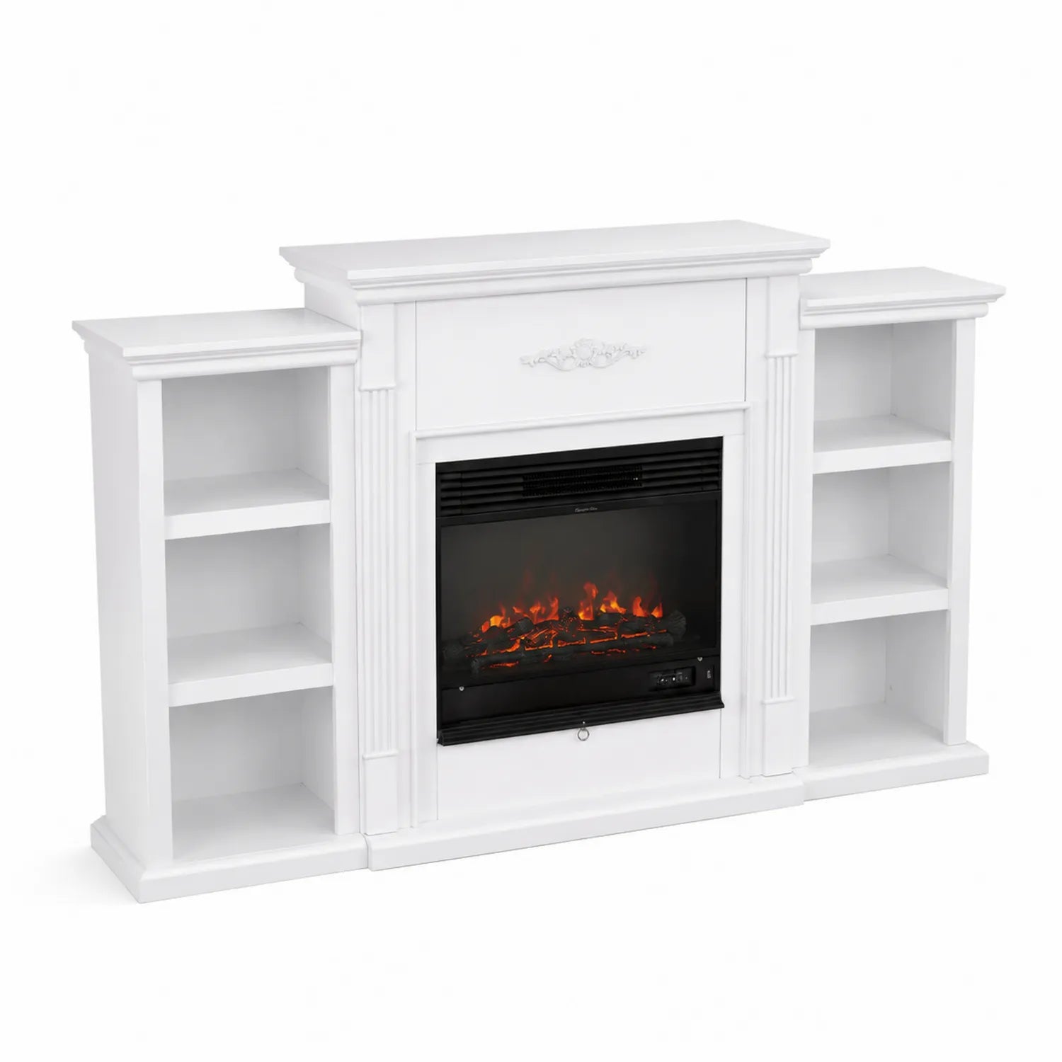 Caminetto Elettrico con Libreria 184x102x33cm in Legno MDF Bianco