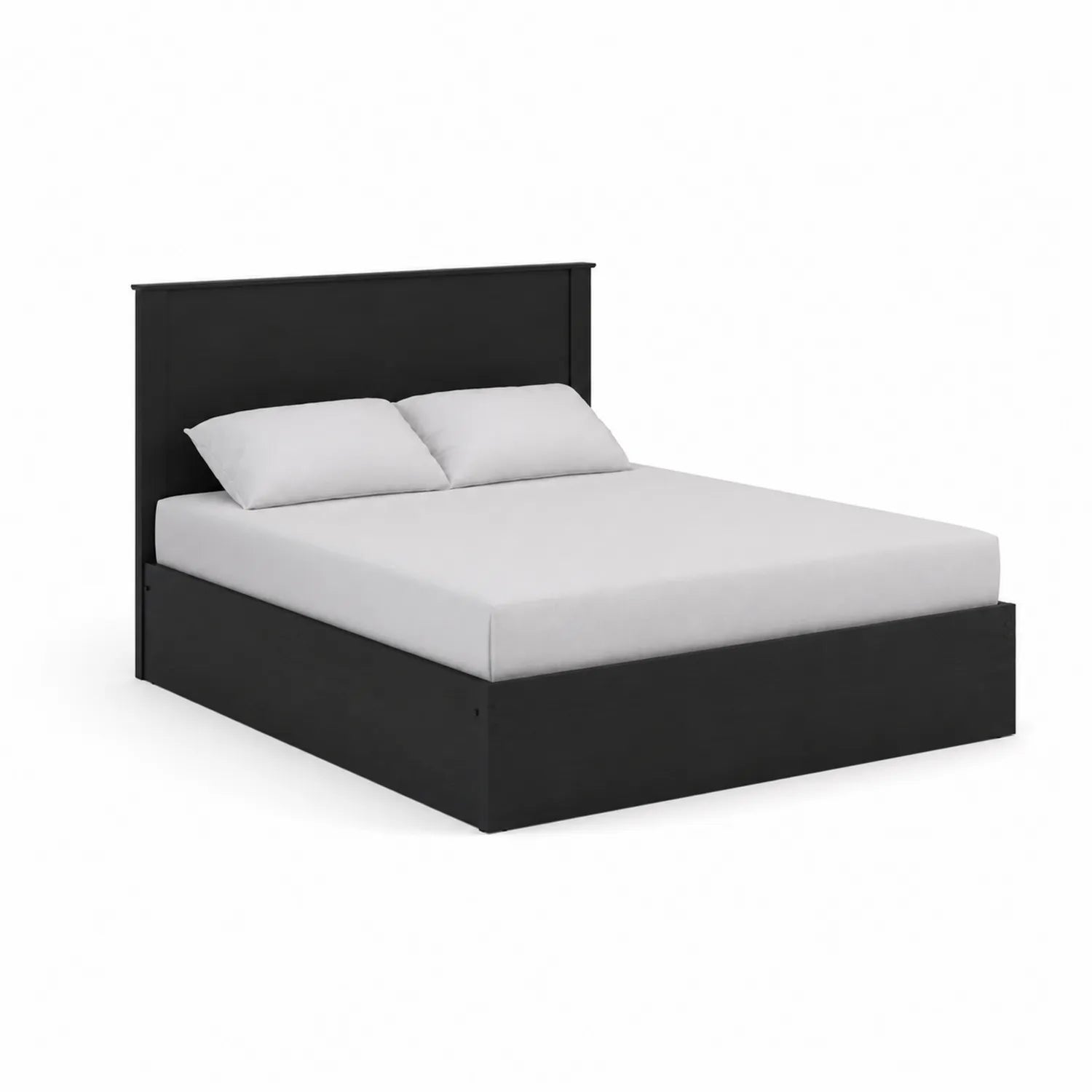 Letto matrimoniale in legno MDF nero con materasso e cuscini