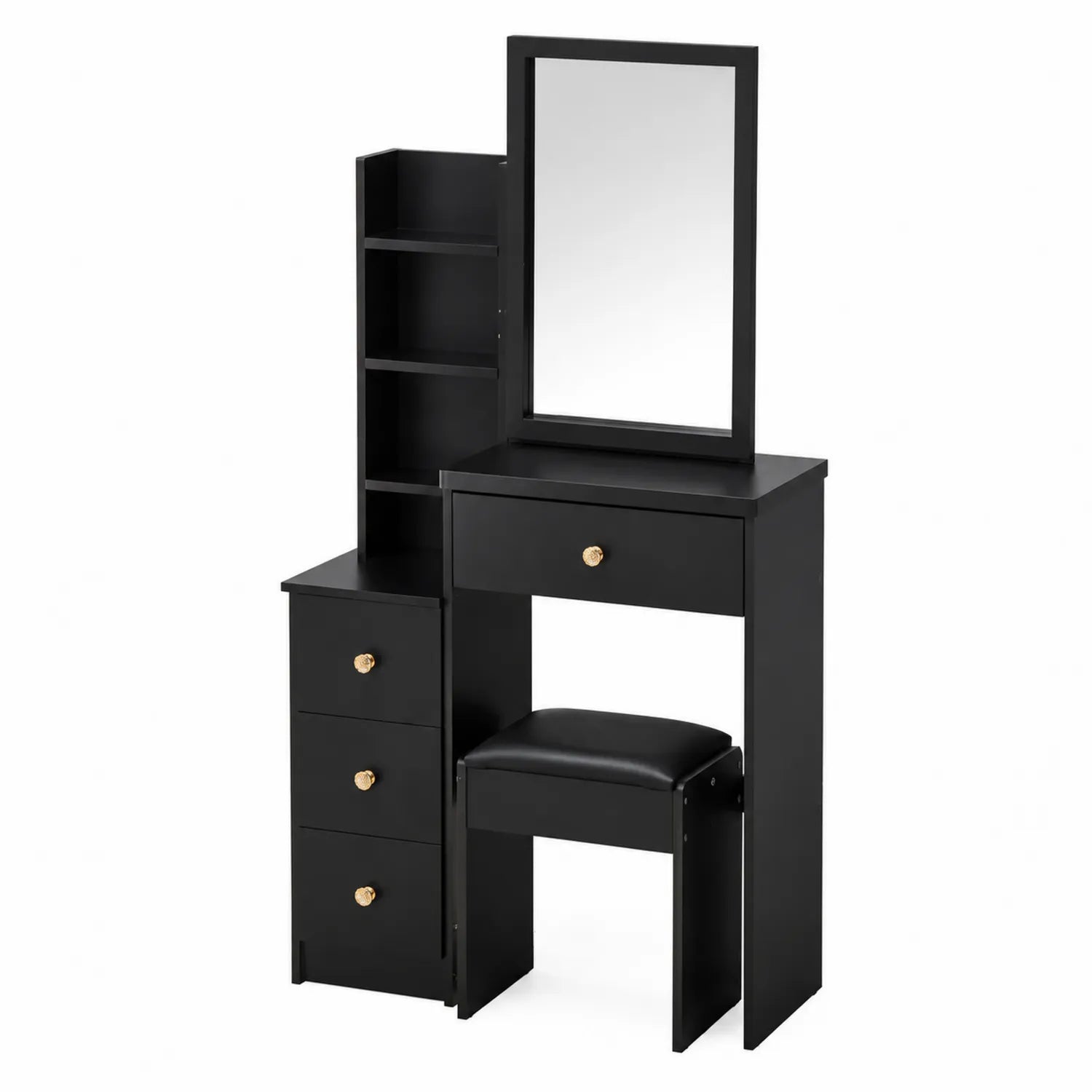 Toeletta con Specchio e Sgabello in Legno Nero