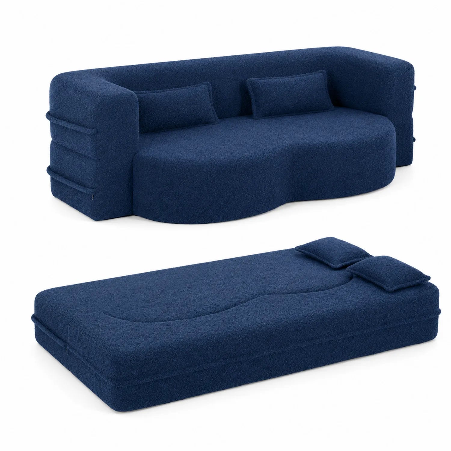 Divano letto convertibile in tessuto bouclé blu con cuscini