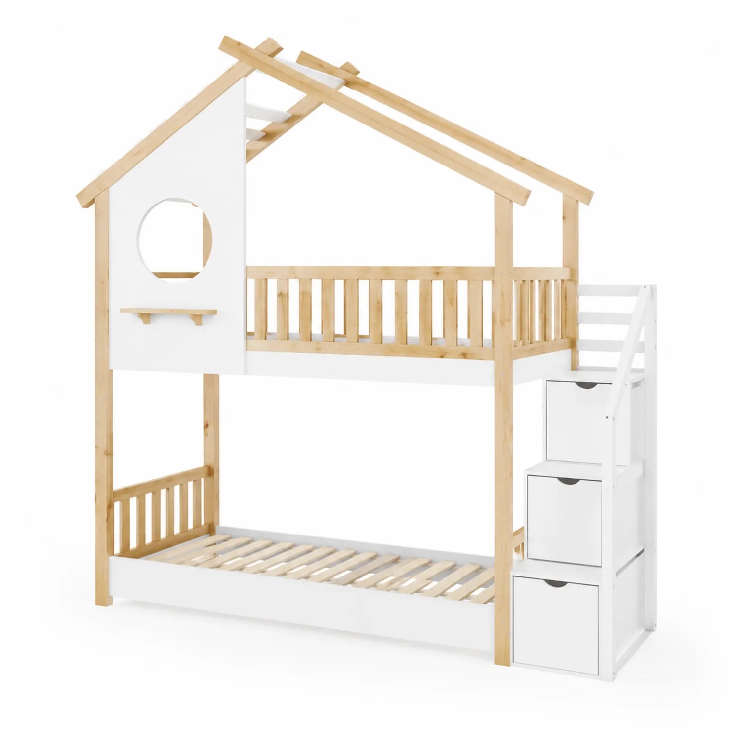 Letto a castello con scala e contenitori in legno e MDF