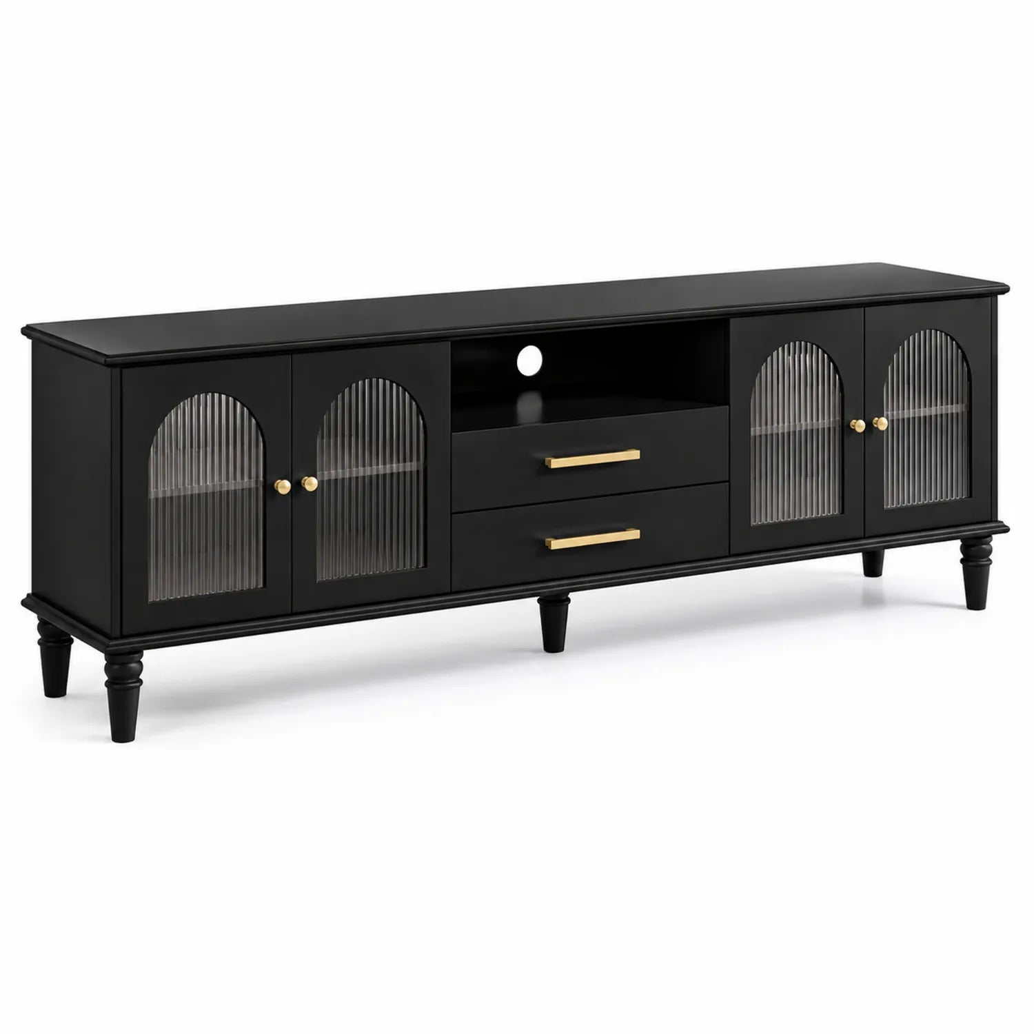 Mobile Porta TV in MDF Nero con Vetro Striato e Maniglie in Metallo 180x40x55 cm