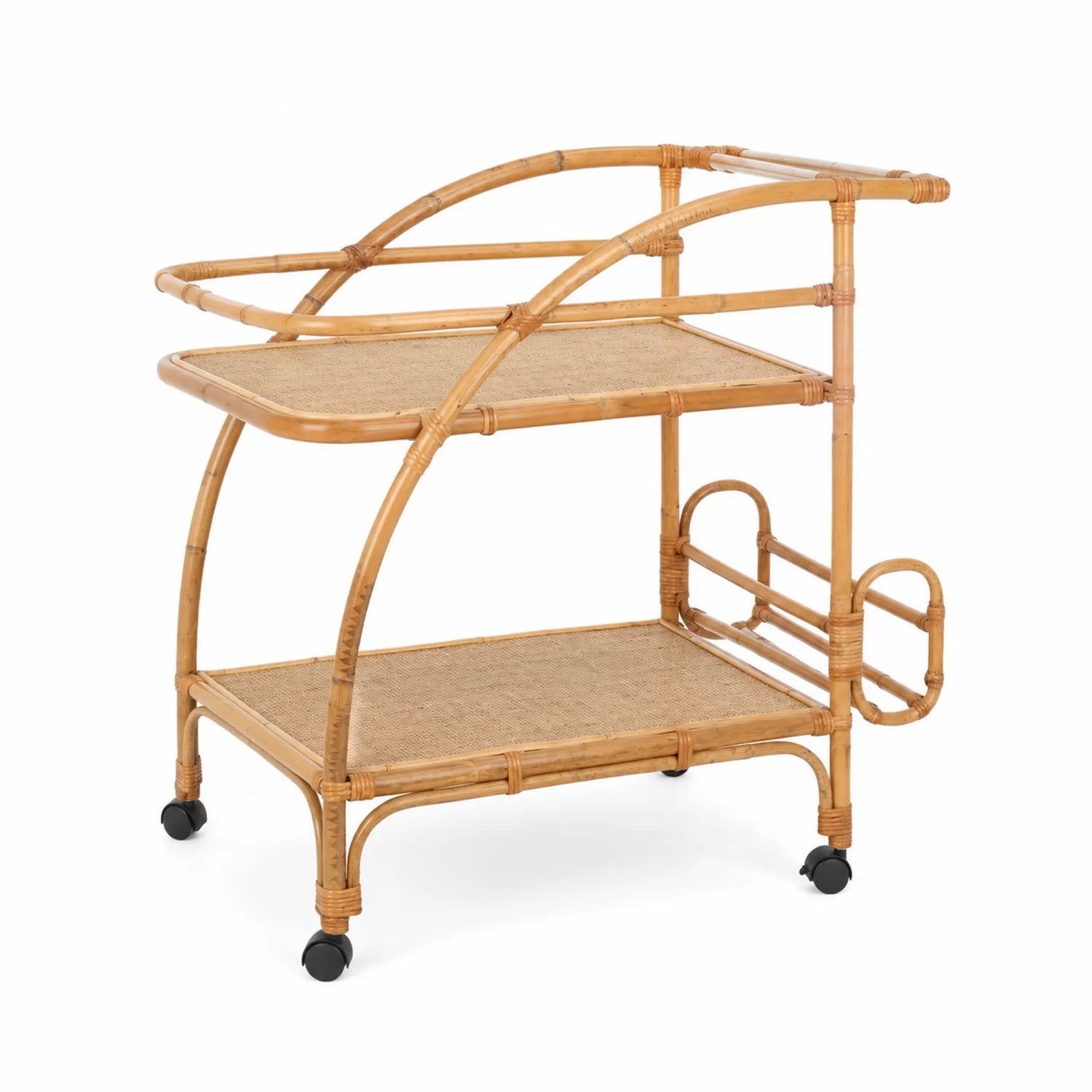 Carrello da servizio in bambù e rattan con ruote