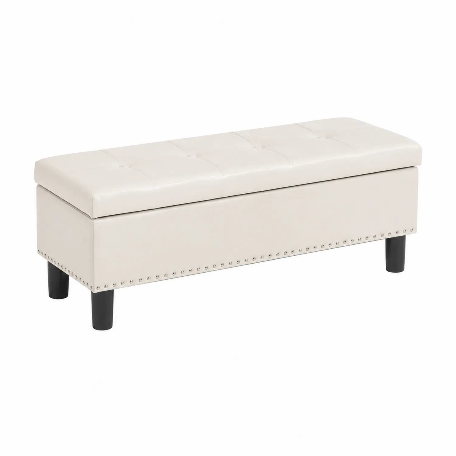 Panca contenitore rettangolare in pelle sintetica beige con struttura in legno