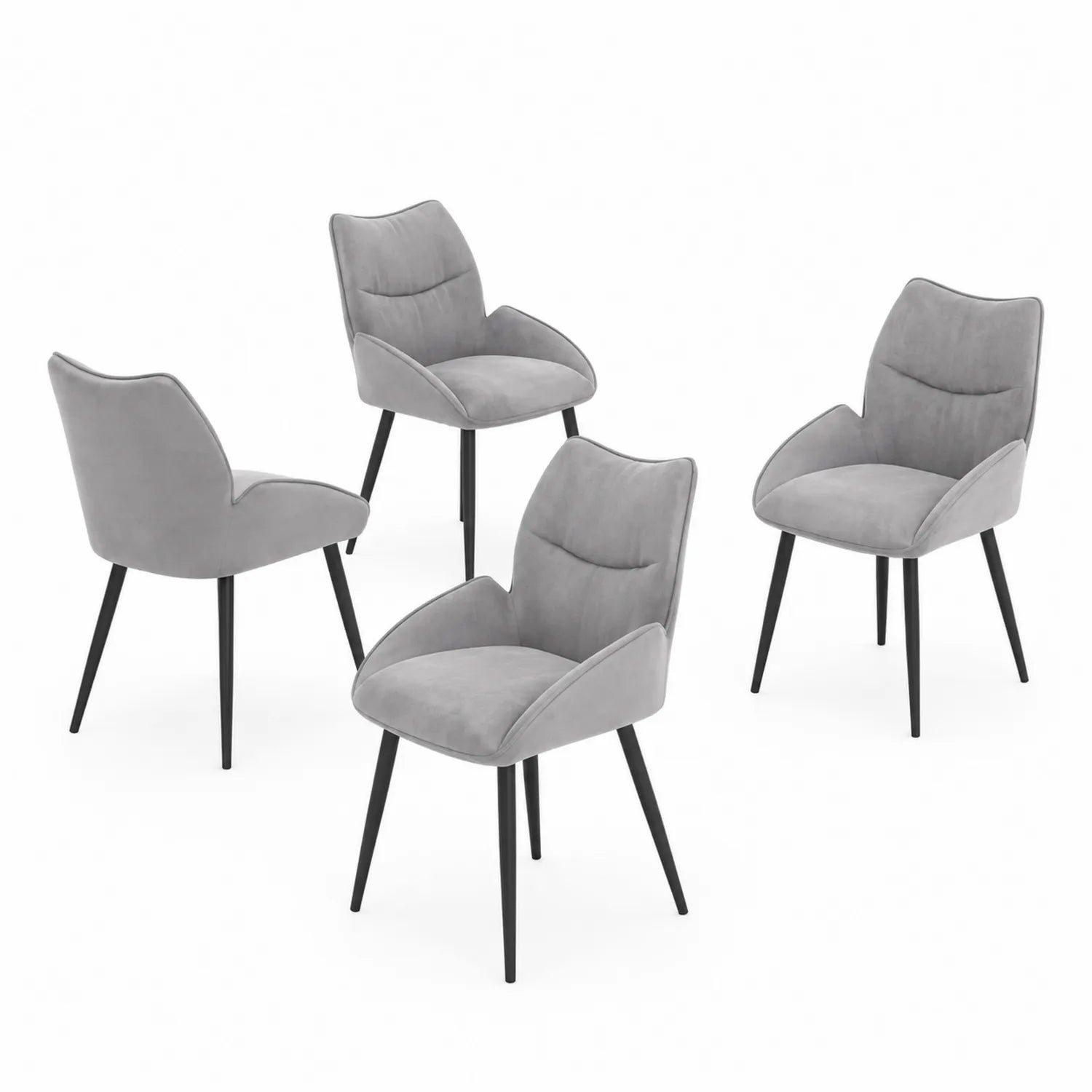 Set di 4 Sedie in Velluto Grigio con Gambe in Metallo Nero