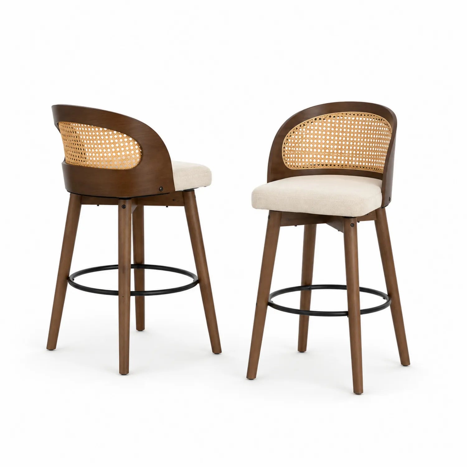 Sgabelli da Bar in Legno e Tessuto con Schienale in Rattan 2 Pezzi