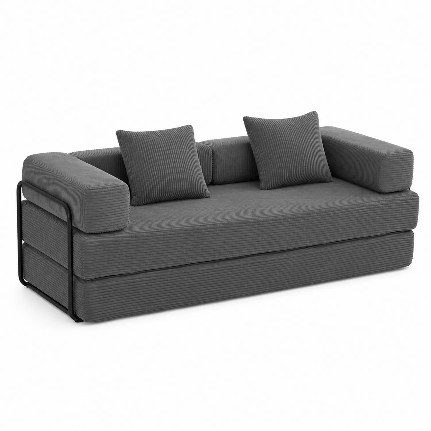 Divano letto a tre posti in tessuto millerighe grigio con struttura in metallo