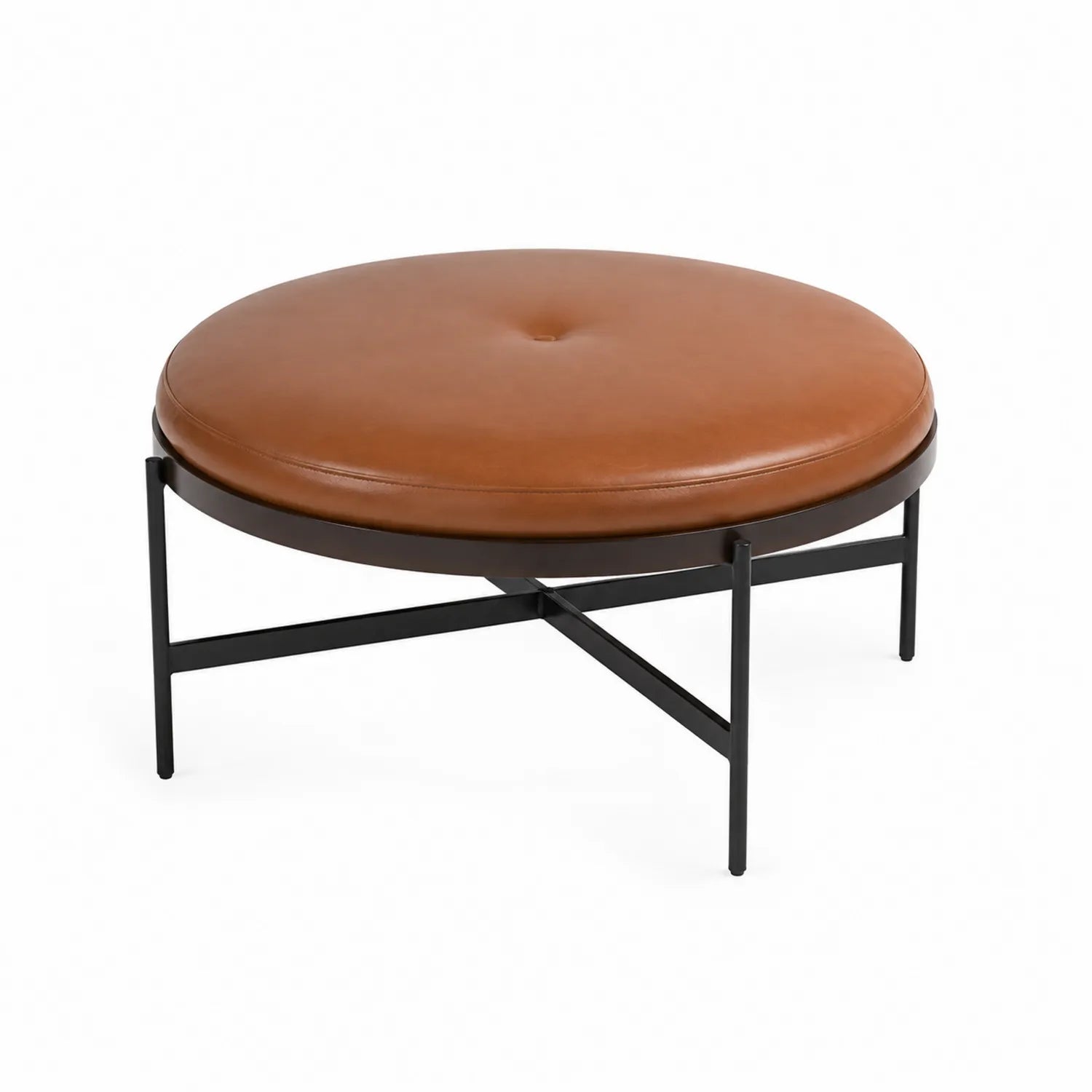 Pouf Rotondo in Pelle Sintetica Marrone con Struttura in Metallo