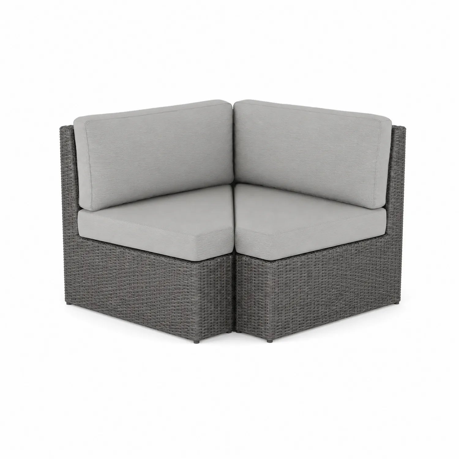 Divano angolare in rattan con cuscini grigi