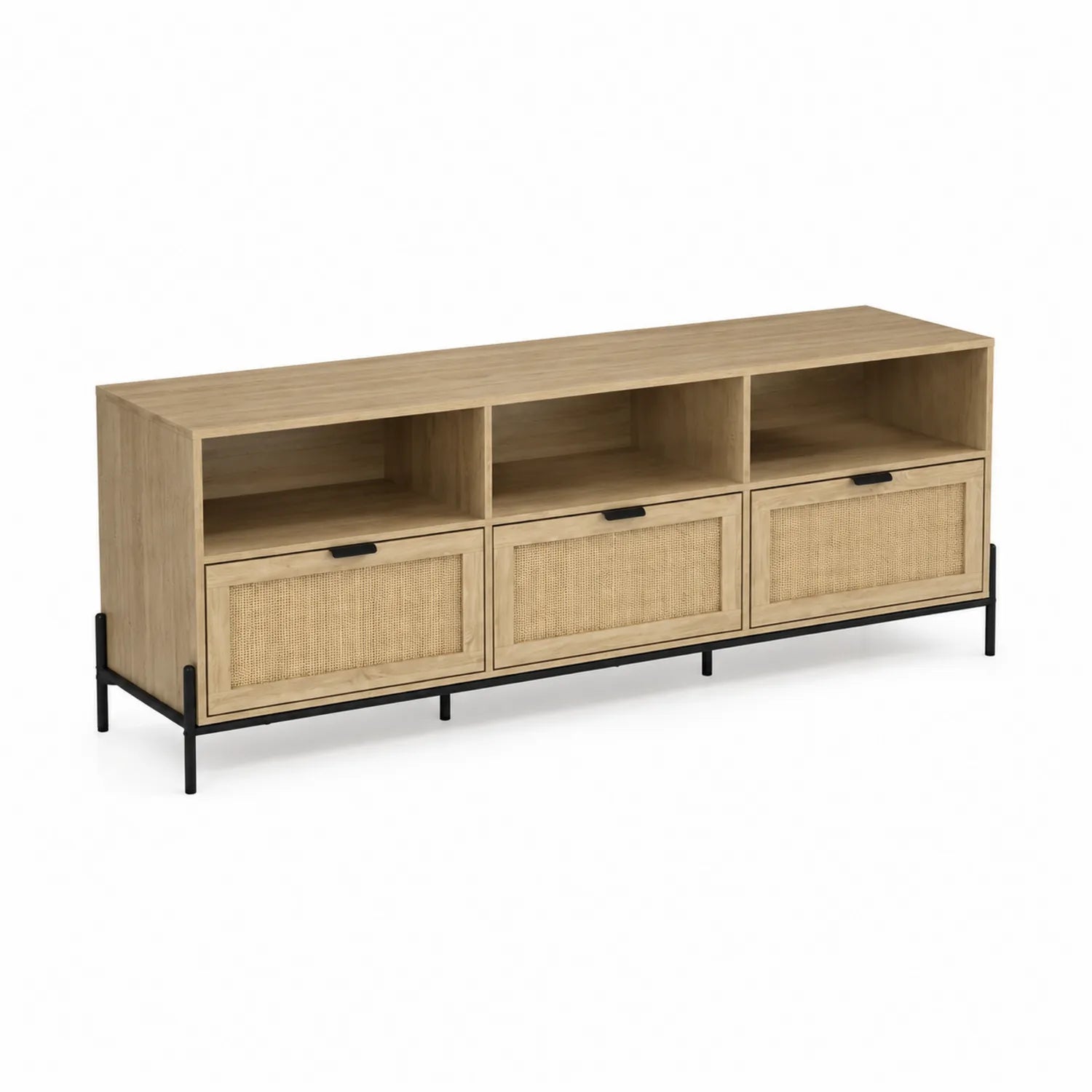 Credenza TV in Legno di Quercia e Rattan con Base in Metallo, 140 cm