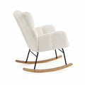 Sedia a dondolo in tessuto bouclé bianco con gambe in legno e metallo