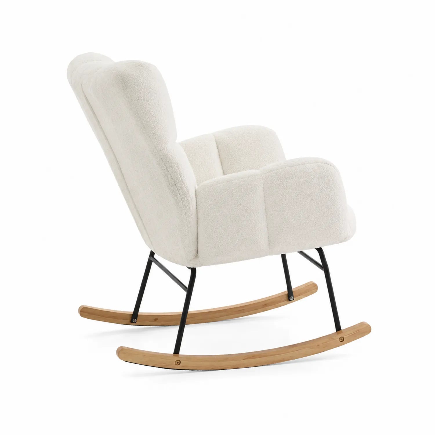 Sedia a dondolo in tessuto bouclé bianco con gambe in legno e metallo