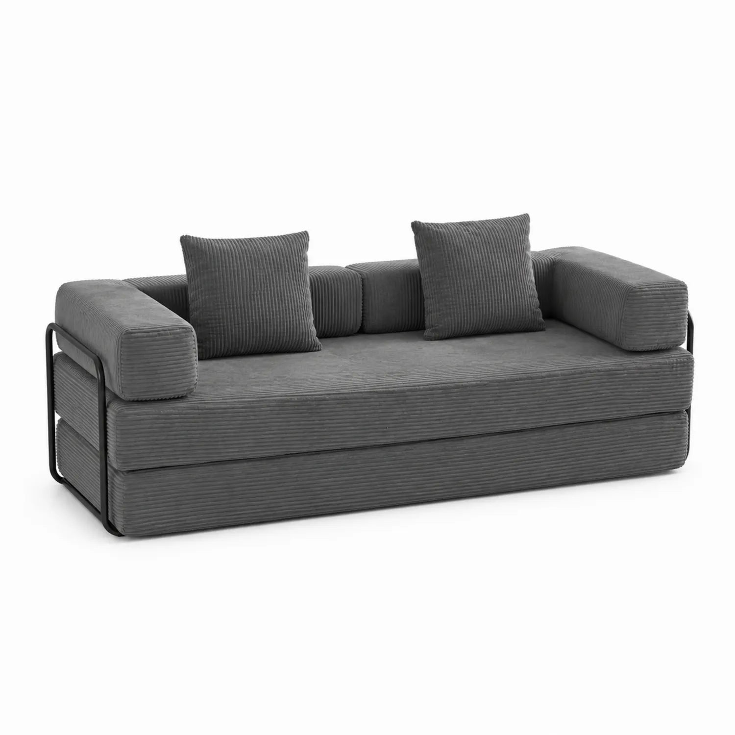 Divano Letto in Velluto a Coste Grigio Scuro con Cuscini
