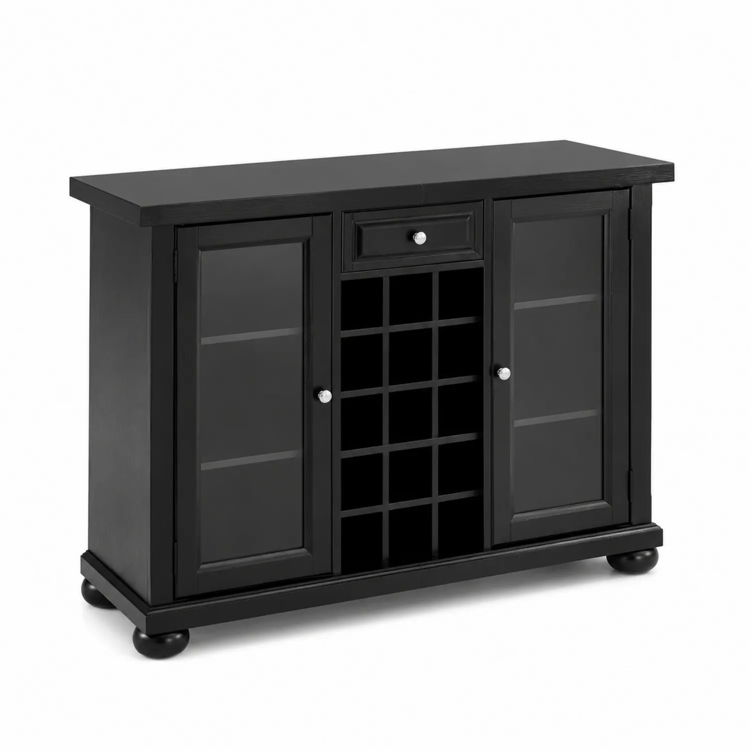 Credenza in Legno con Ante in Vetro e Portabottiglie Nera