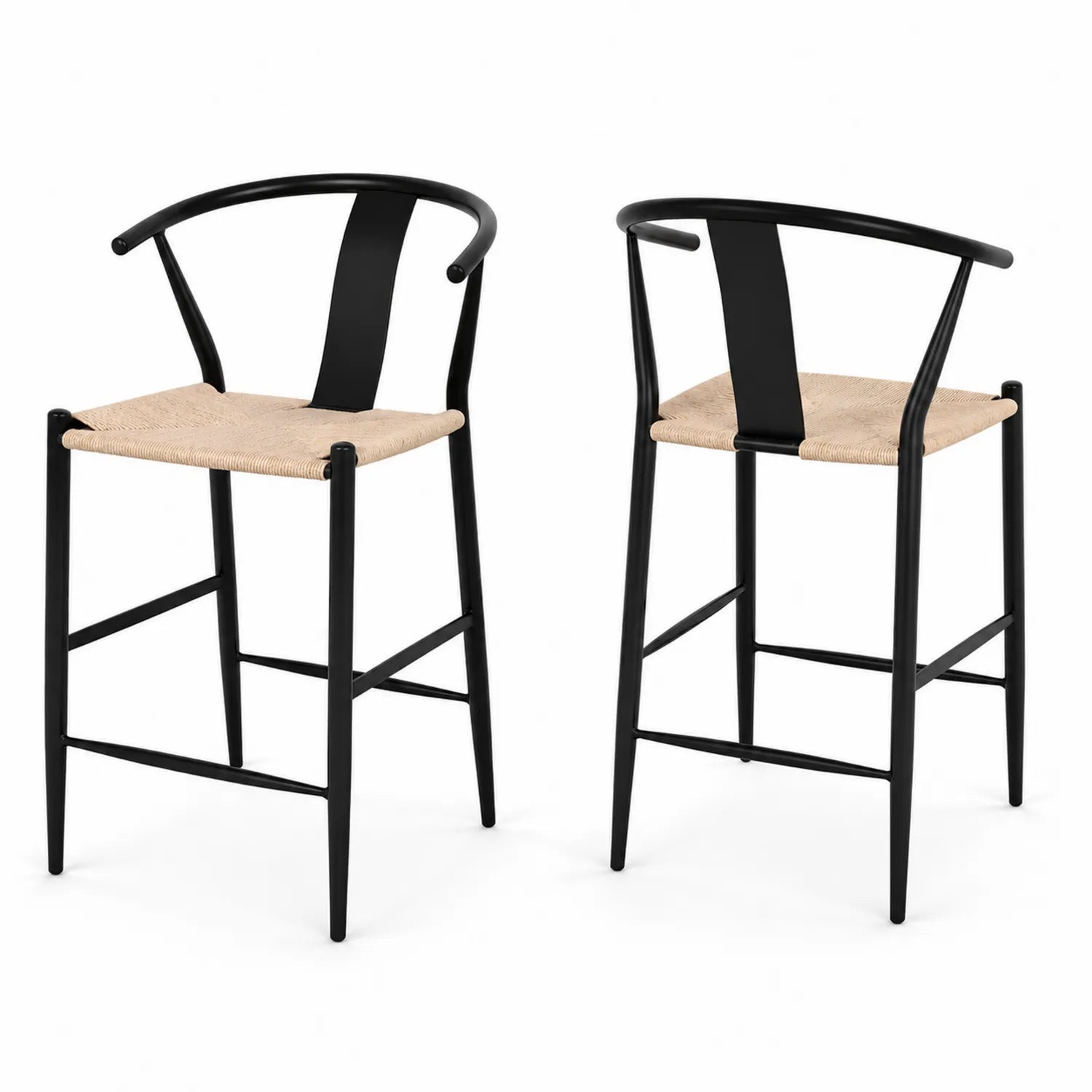 Set di 2 Sgabelli da Bar in Metallo e Rattan