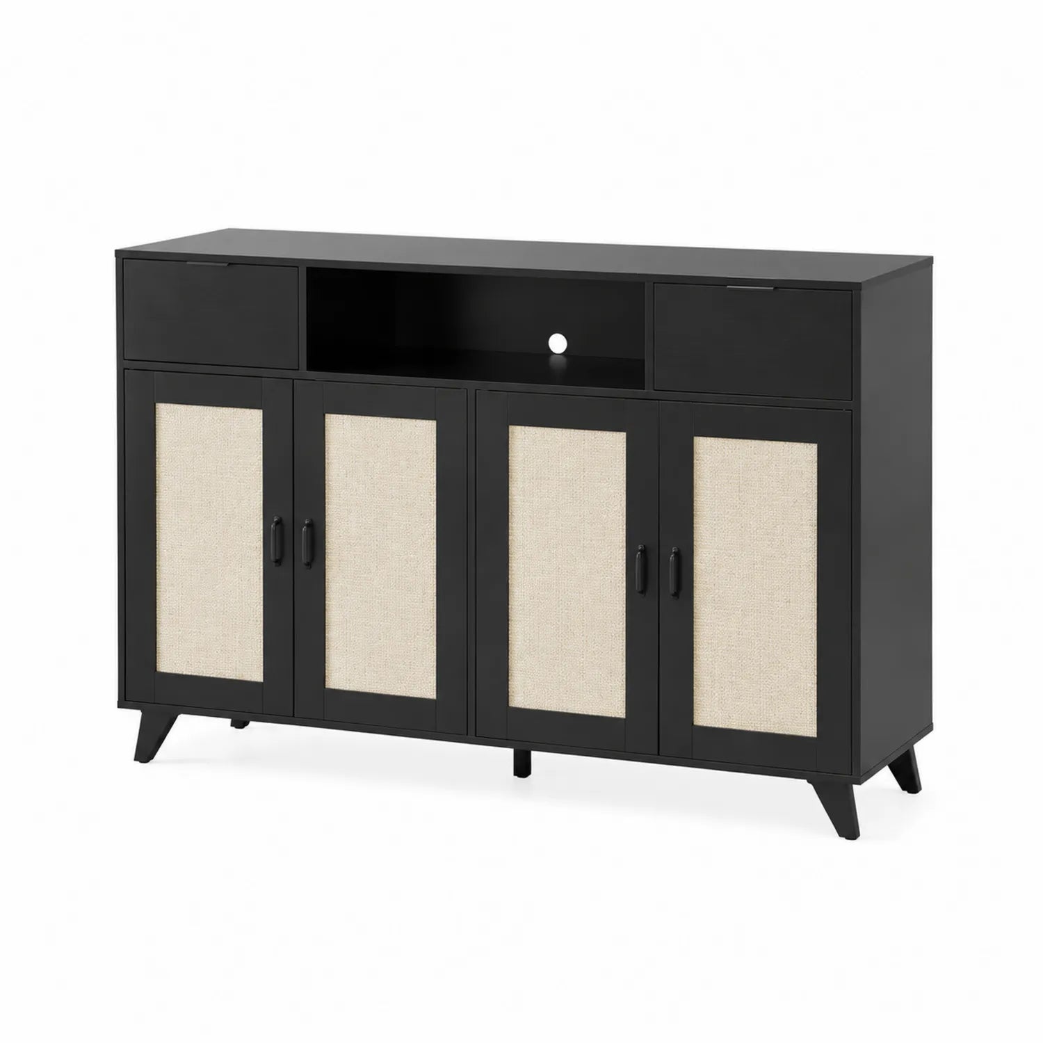 Credenza in Legno e Tessuto Nero e Beige con 4 Ante e 2 Cassetti