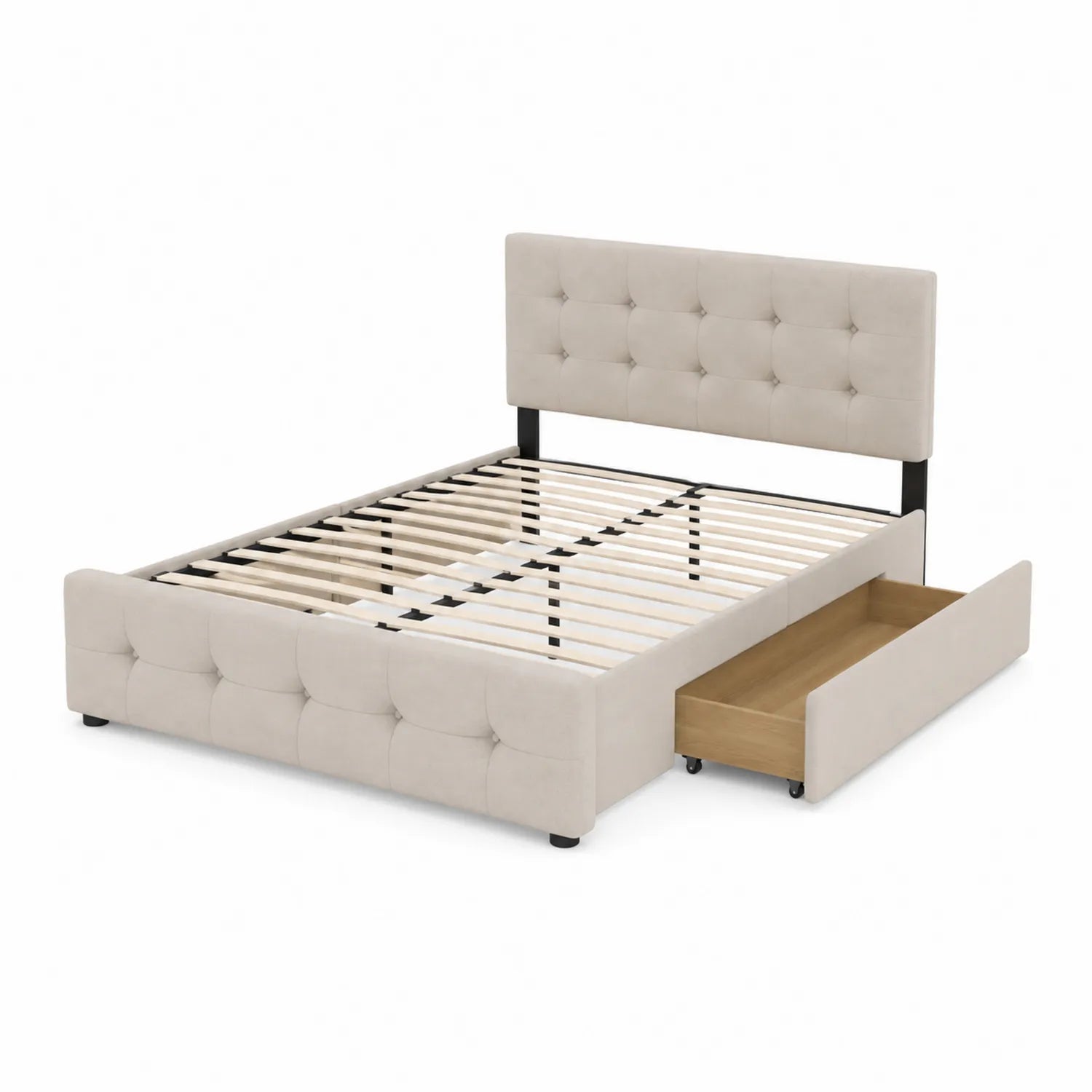 Letto matrimoniale in legno con cassetti e testiera in tessuto Beige