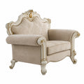Poltrona in Tessuto Damascato con Dettagli in Legno Dorato, Beige
