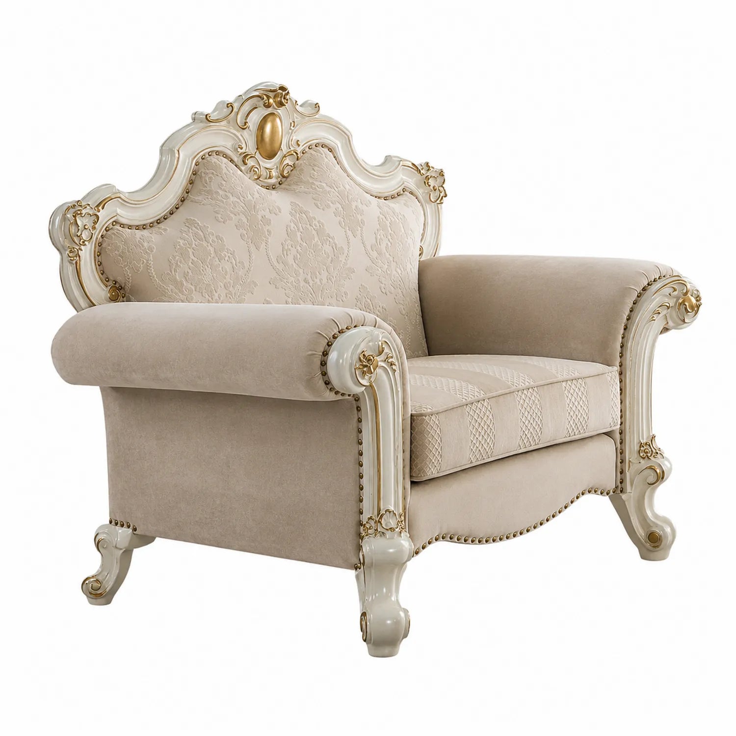 Poltrona in Tessuto Damascato con Dettagli in Legno Dorato, Beige