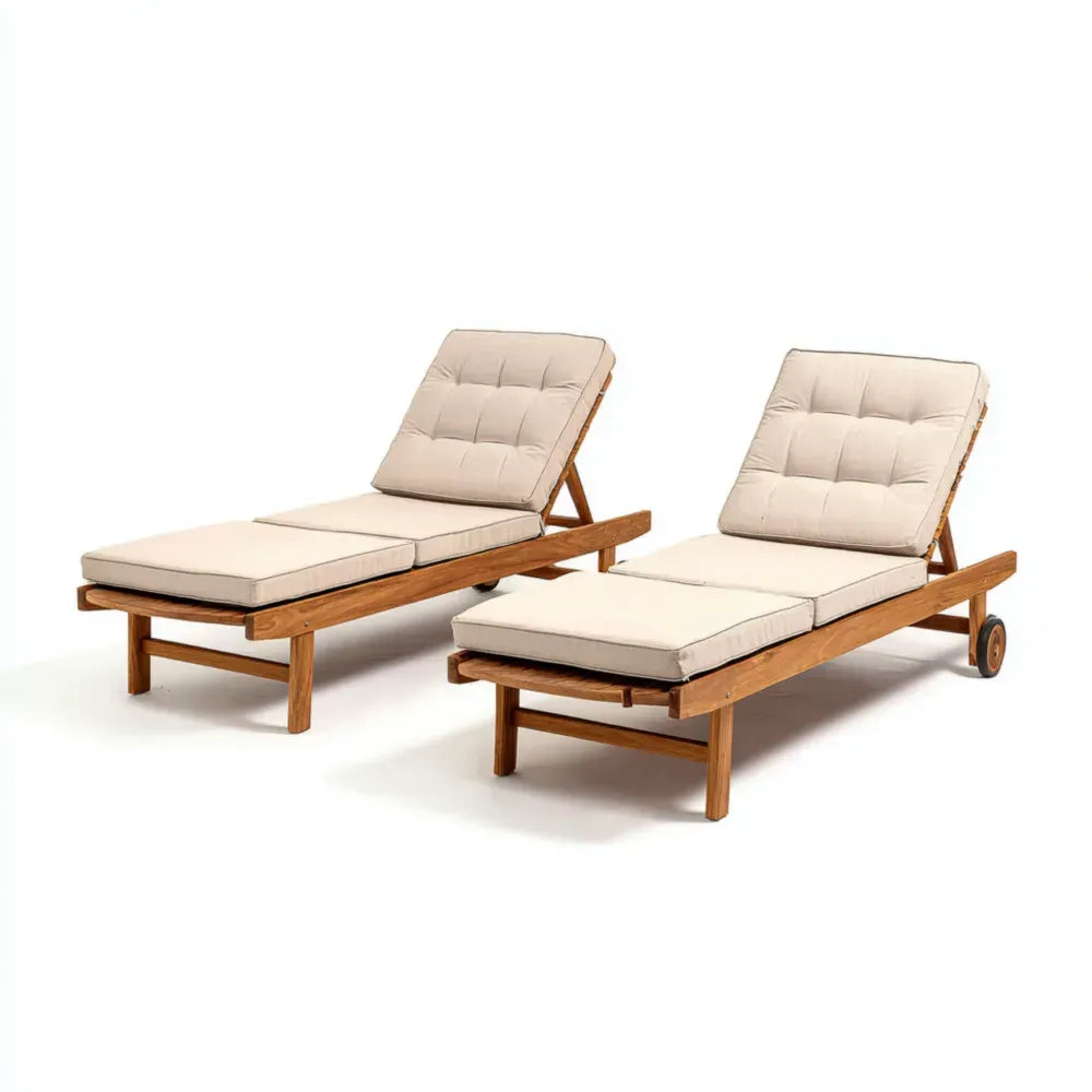 Outdoor Chaise Lounges 200x65x35 cm - Teak Wood with Beige Cushions, Set of 2