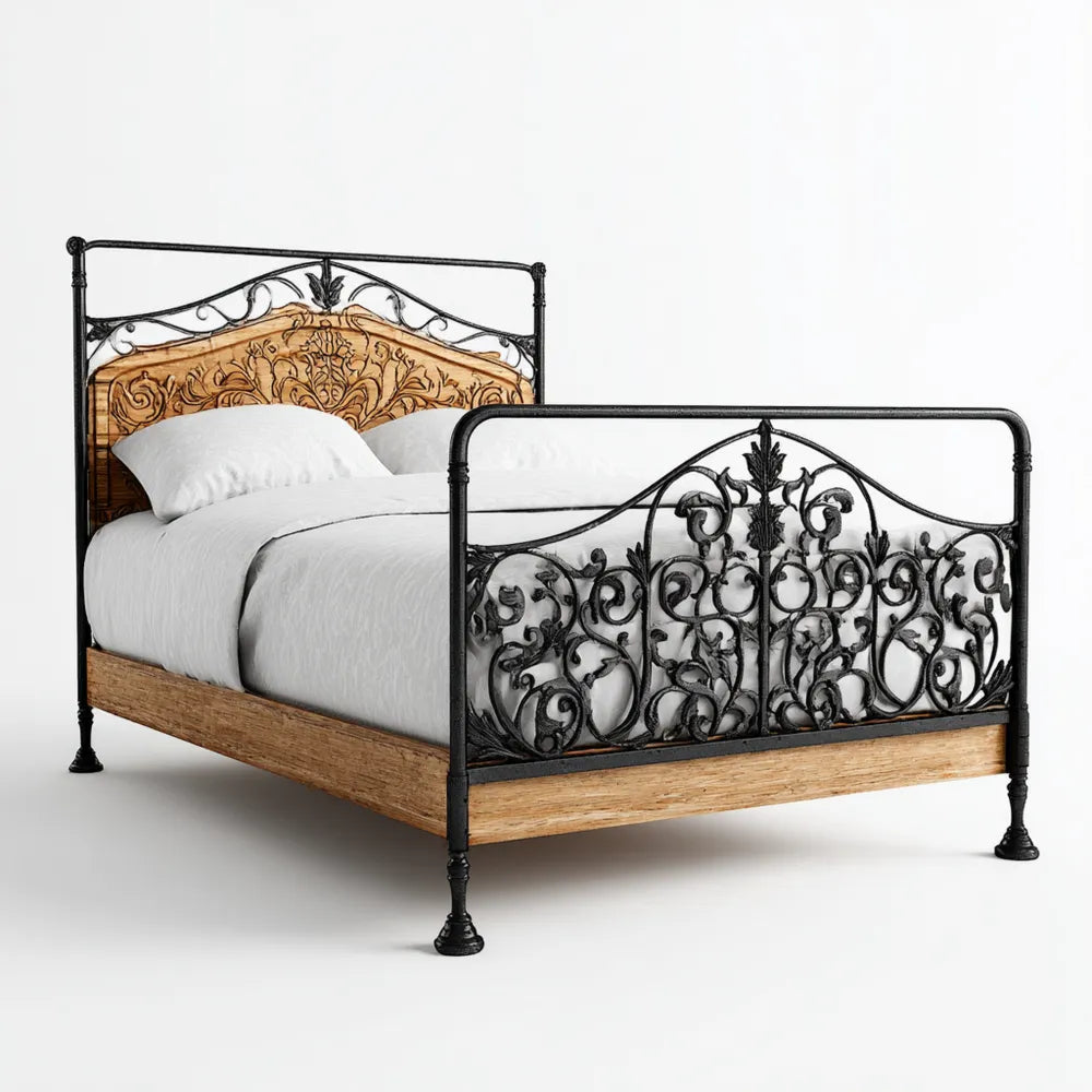 Double Bed Wrought Iron Frame and Wood Design - 210x150x120 cm - Black/Brown - Classic Style