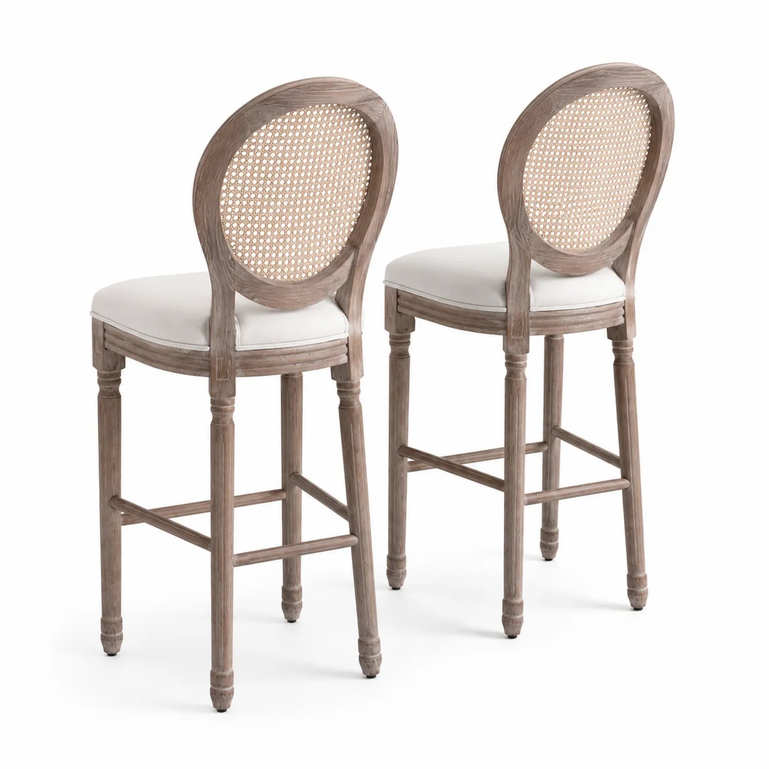 Set di 2 sgabelli da bar in legno e rattan con seduta in tessuto bianco crema