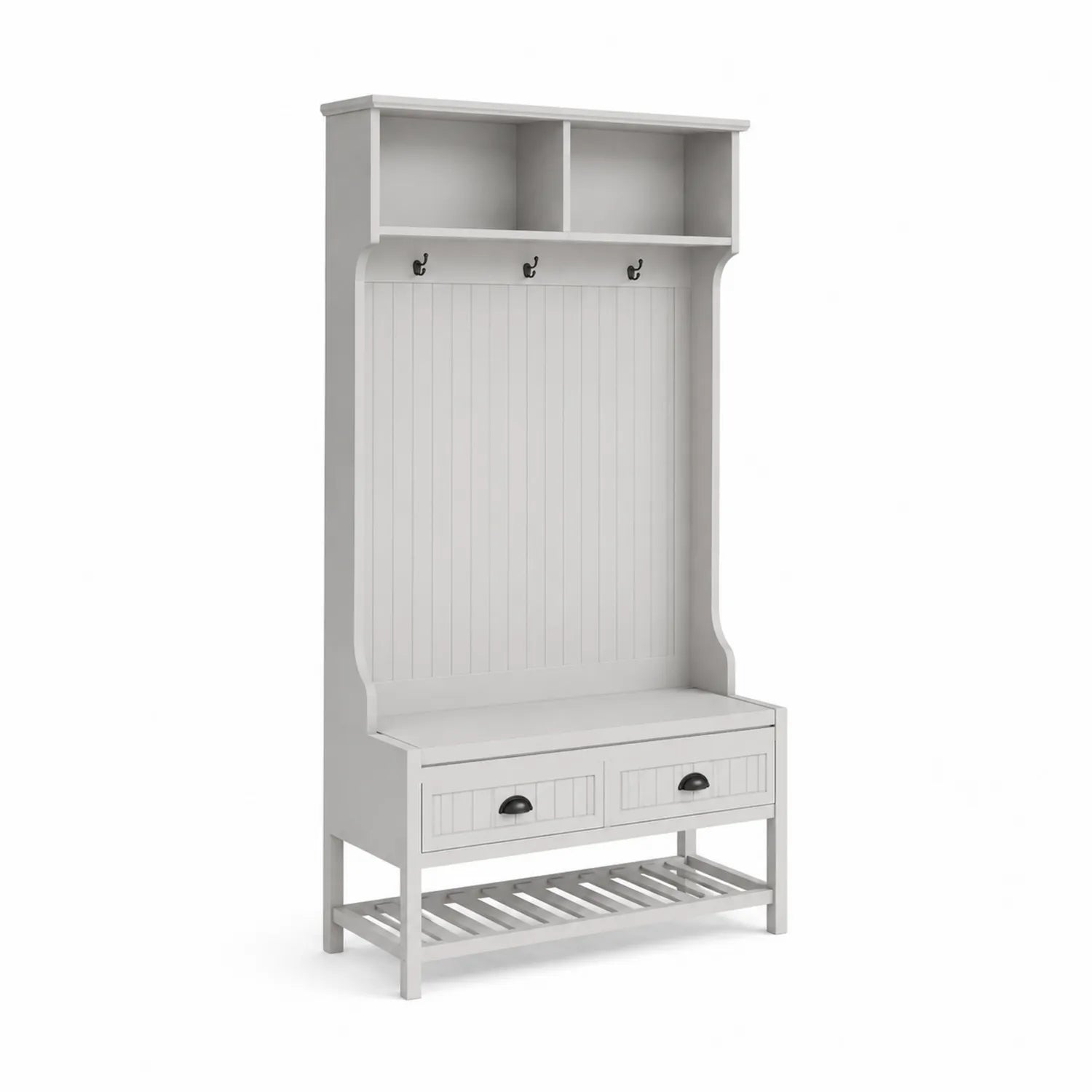 Appendiabiti con panca e cassetti in legno bianco 190x100x40 cm