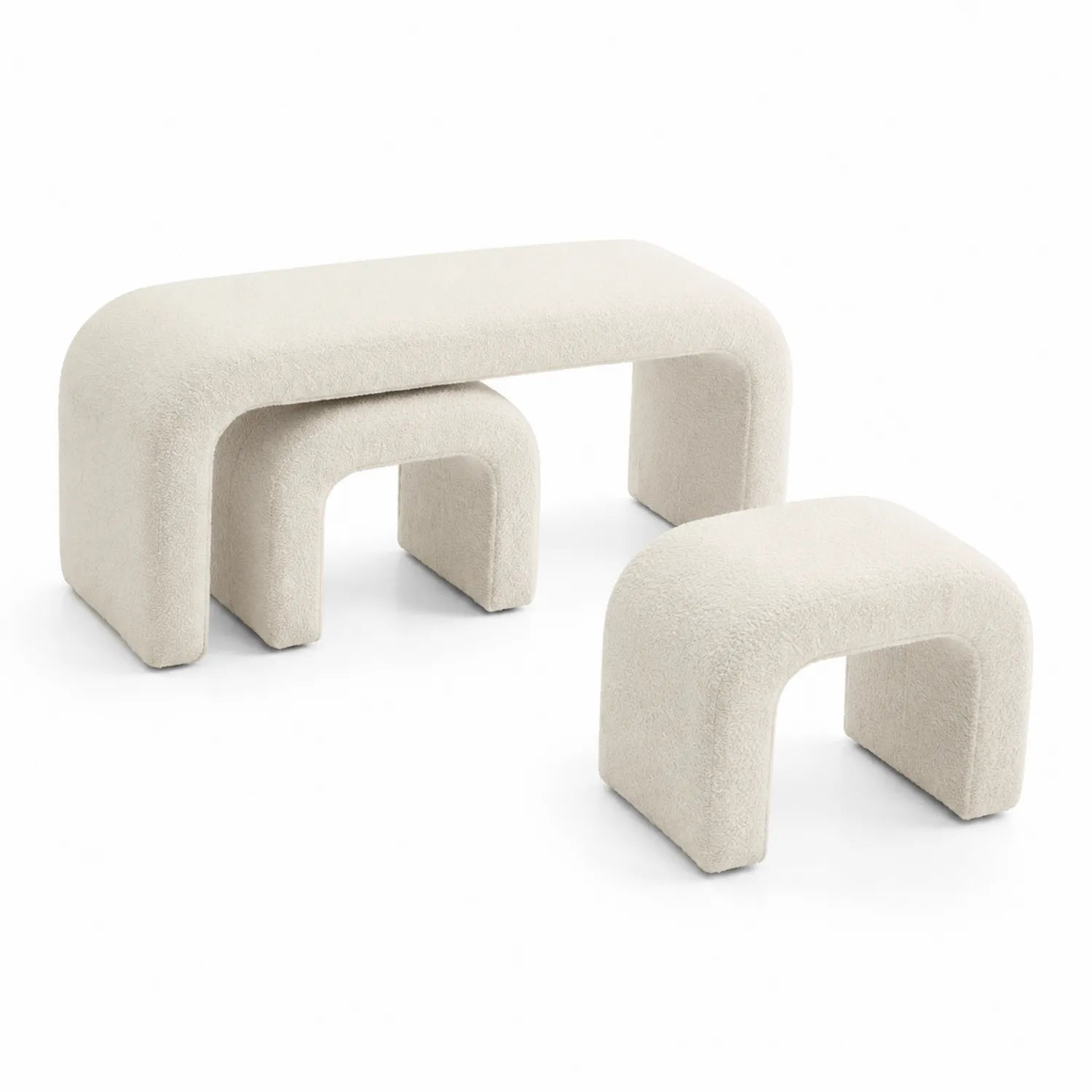 Set panca e sgabello in legno compensato e tessuto Bouclé Bianco Crema