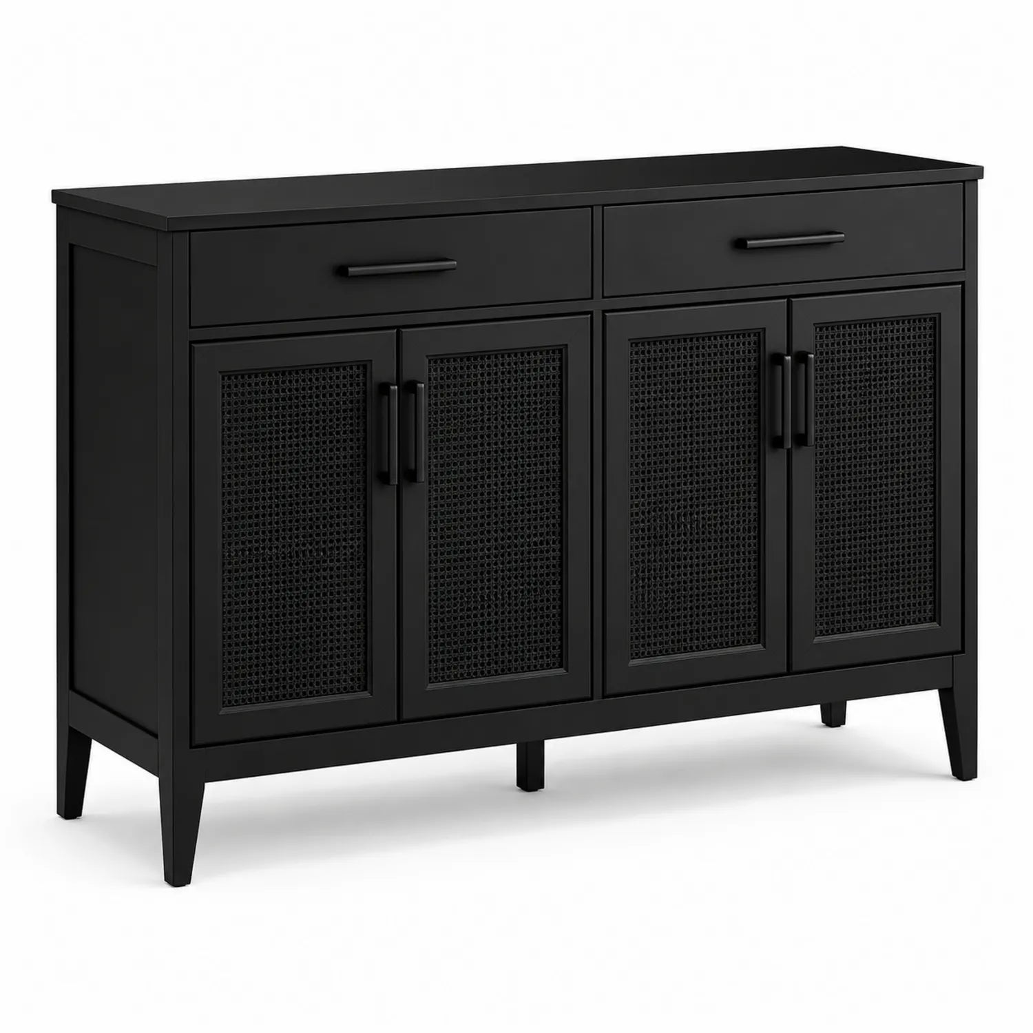 Credenza buffet nera in legno con ante in rattan