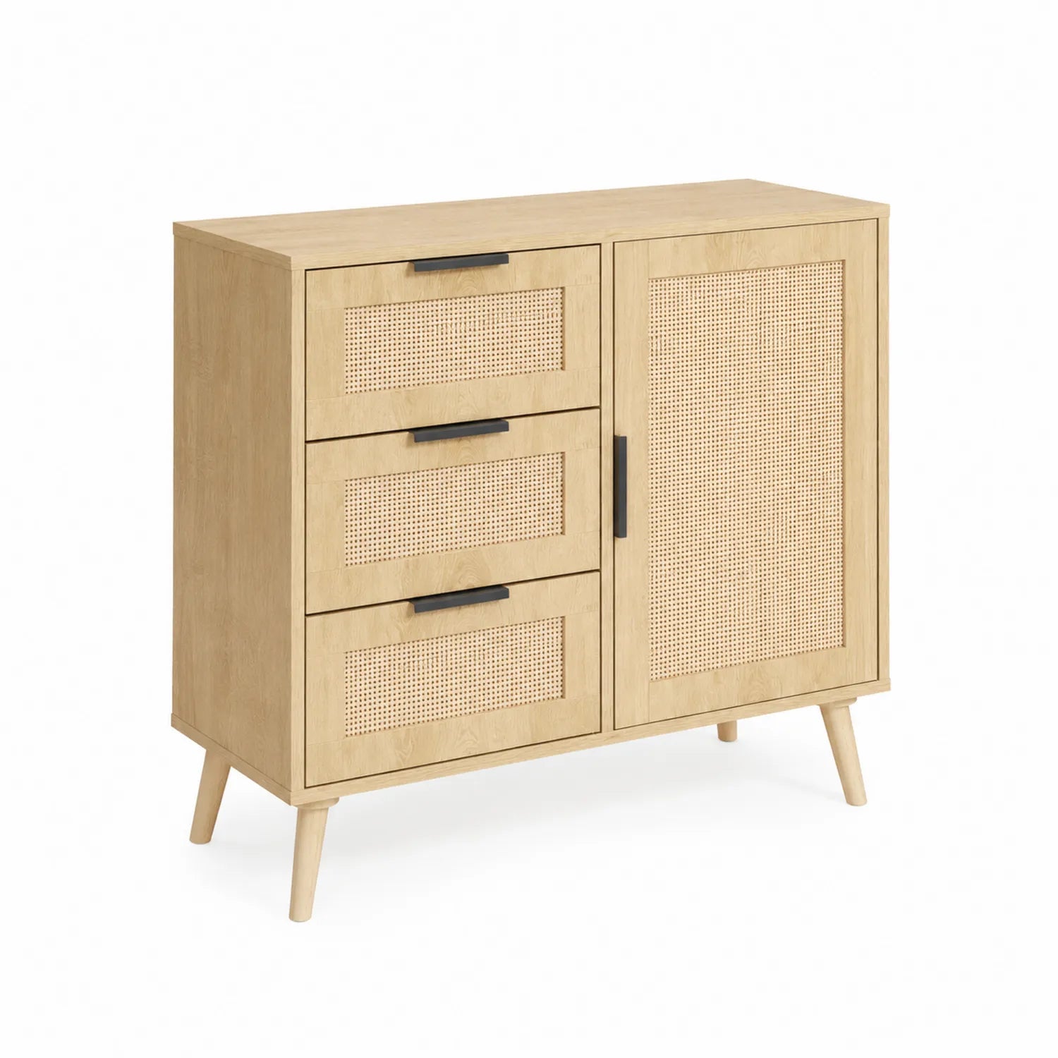 Credenza in legno e rattan con 3 cassetti e 1 anta