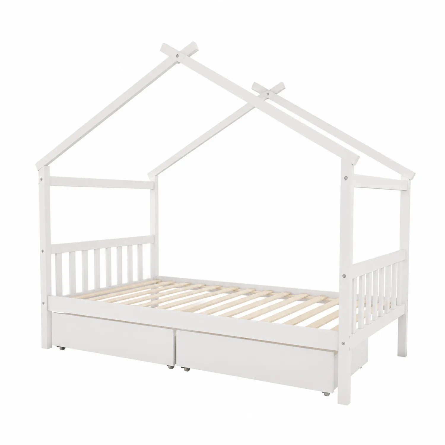 Letto a forma di casetta in legno di pino con cassetti