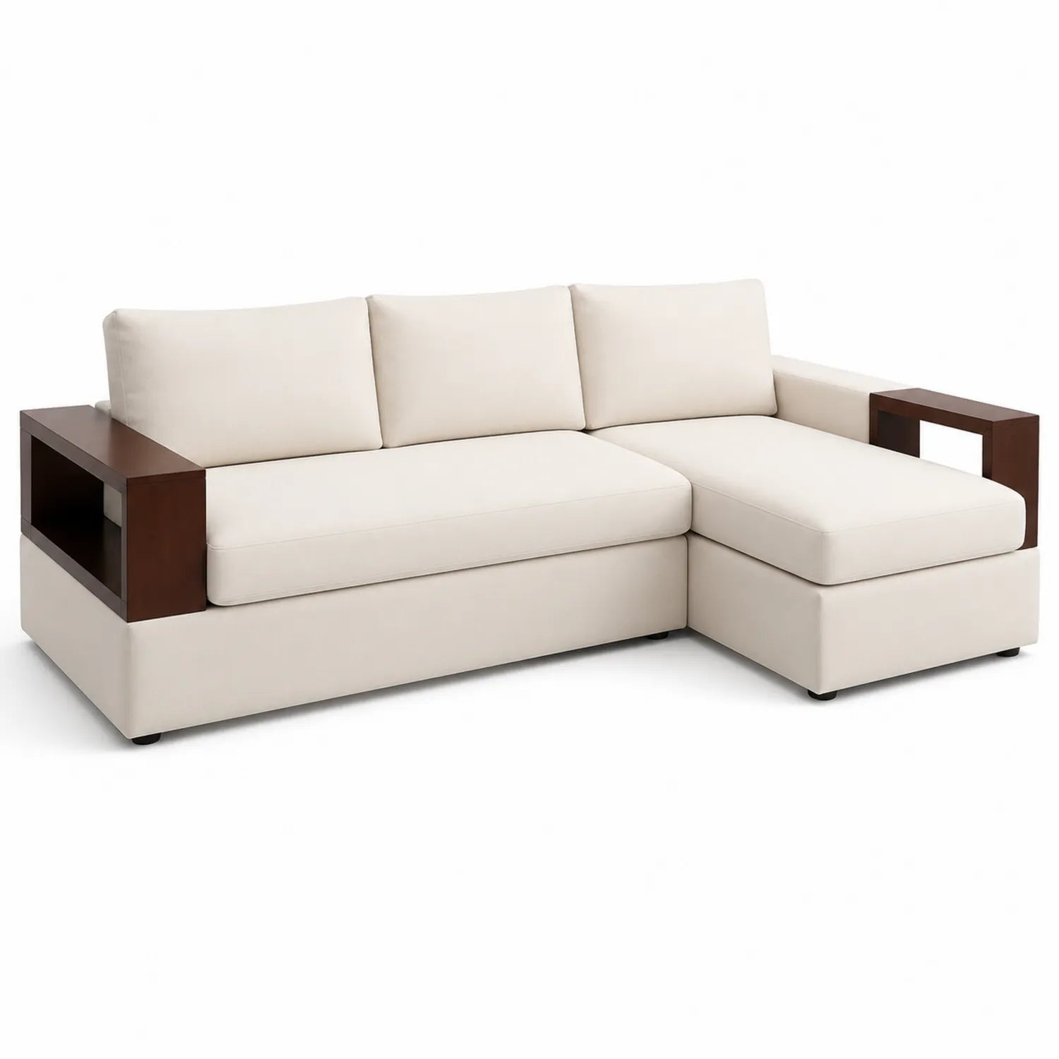 Divano ad angolo in tessuto beige con braccioli in legno