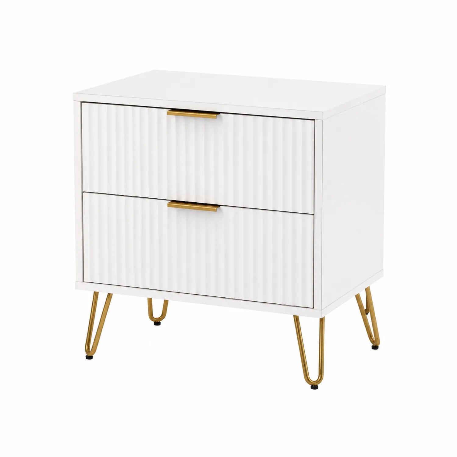 Comodino in MDF Bianco con Gambe in Metallo Oro, 2 Cassetti
