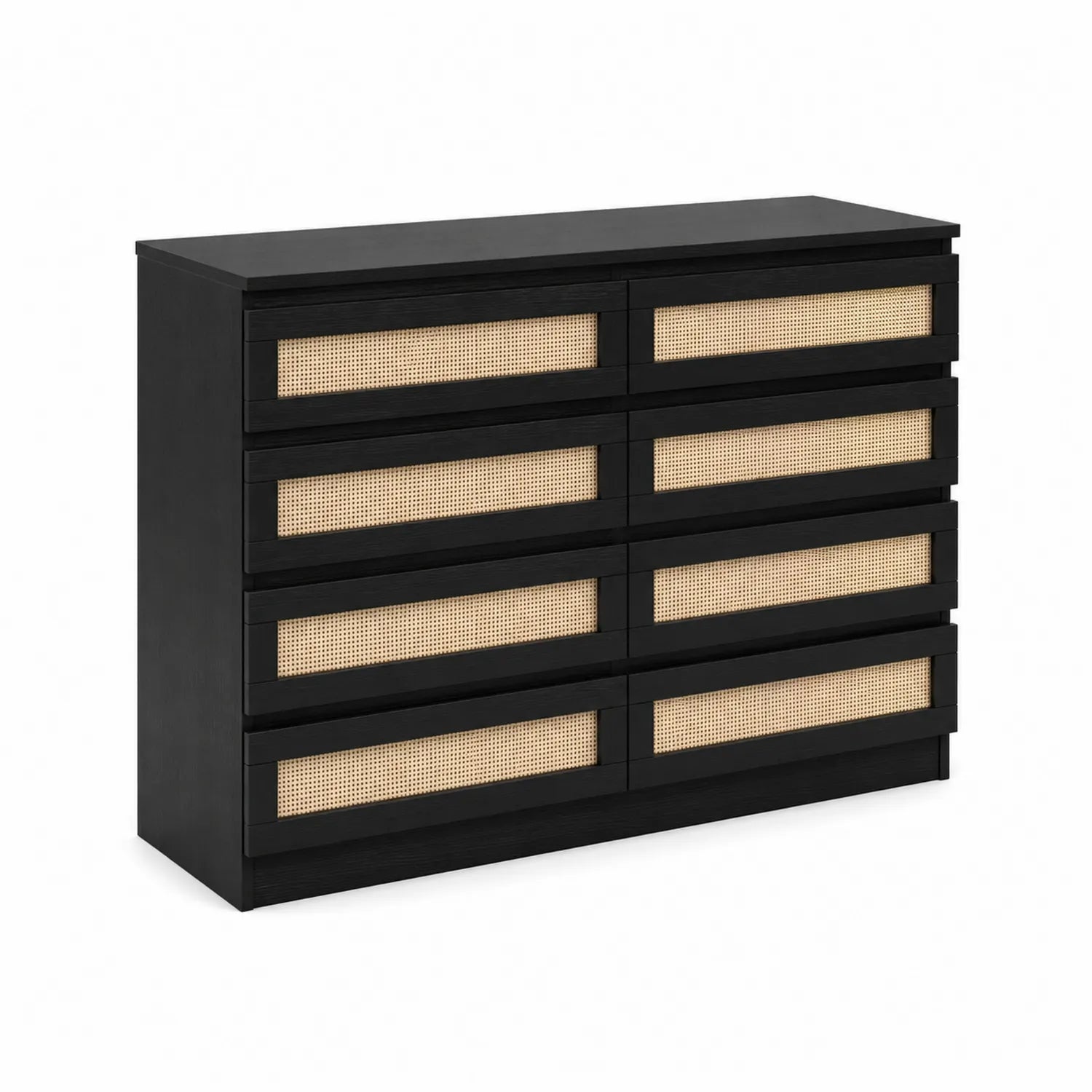 Cassettiera in Legno MDF e Rattan a 8 Cassetti Nero/Naturale