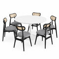 Set Tavolo Rotondo in MDF Bianco e 6 Sedie in Legno Nero con Seduta in Tessuto Grigio e Schienale in Rattan Naturale