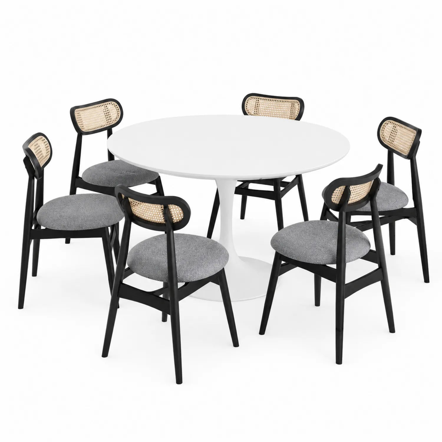 Set Tavolo Rotondo in MDF Bianco e 6 Sedie in Legno Nero con Seduta in Tessuto Grigio e Schienale in Rattan Naturale