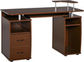 Scrivania Moderna per Computer in Legno con Cassetti e Libreria, Salvaspazio con Mensola Estraibile e Porta Tastiera, 120x55x85cm, Marrone