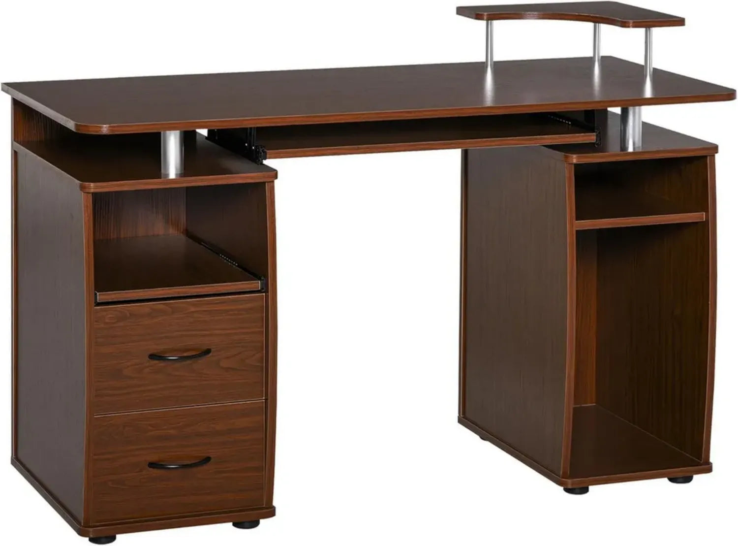 Scrivania Moderna per Computer in Legno con Cassetti e Libreria, Salvaspazio con Mensola Estraibile e Porta Tastiera, 120x55x85cm, Marrone