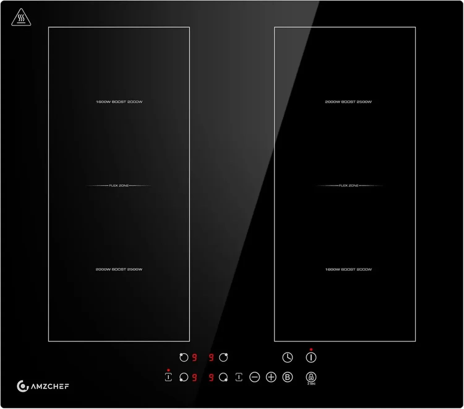 Piano cottura a induzione AMZCHEF 60 cm, 4 zone con boost, 9 livelli di potenza, controllo touch e sicurezza, 7200W