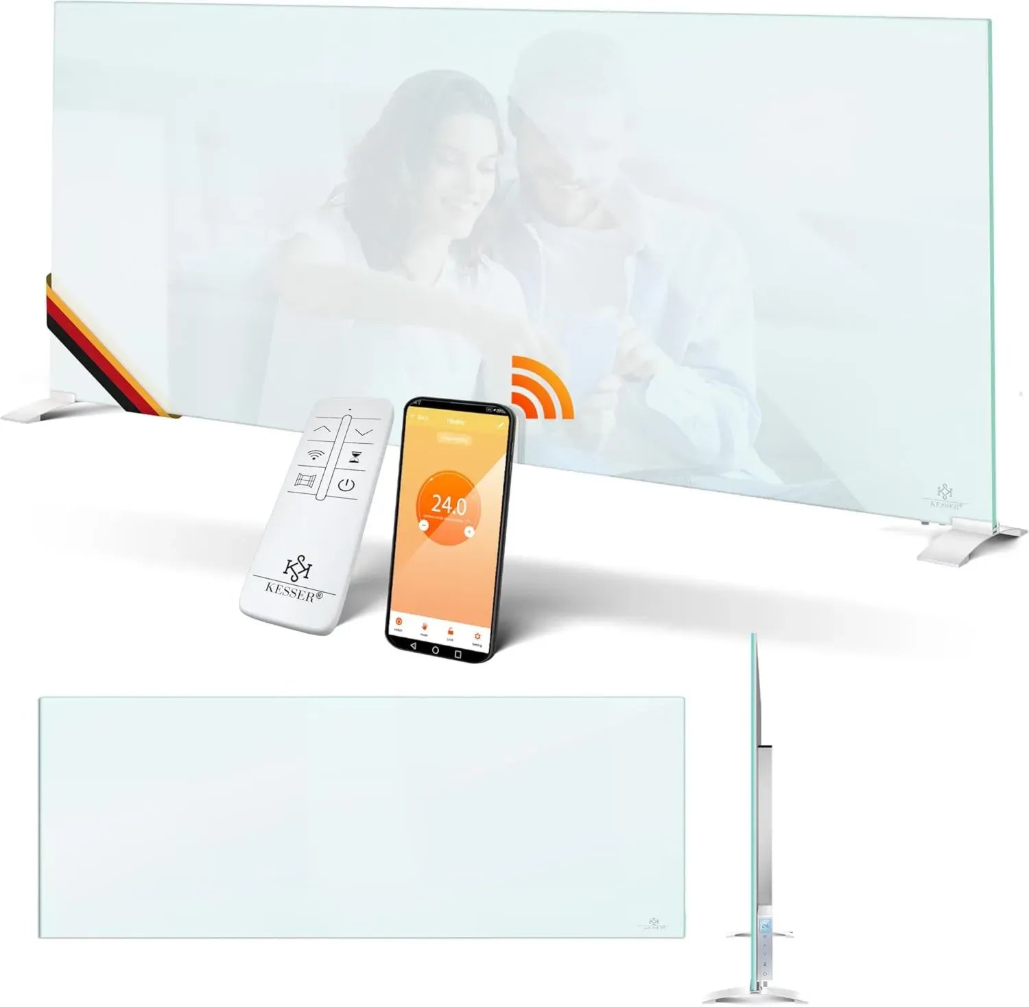 KESSER Riscaldatore Infrarossi 600W, Pannello in Vetro 2 in 1 da Parete, Elettrico con Sensore Finestra Aperta, Telecomando e App, Bianco
