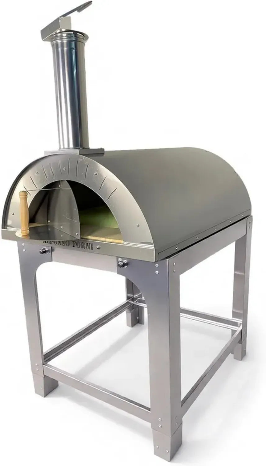 Forno a Legna per Esterno in Acciaio Inox, 6 Pizze, Con Carrello e Mattoni Refrattari