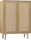 Credenza in Rattan con Ripiani Regolabili e Ante Decorate