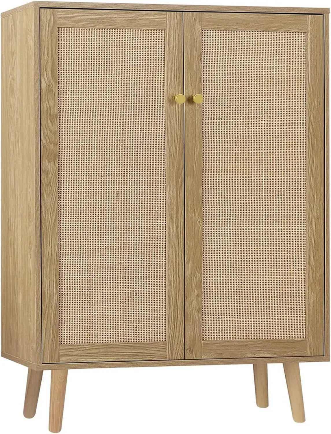 Credenza in Rattan con Ripiani Regolabili e Ante Decorate
