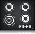 Piano cottura a gas 4 fuochi in vetro nero con protezione fiamma, compatibile gas naturale e propano, potenza 7800W