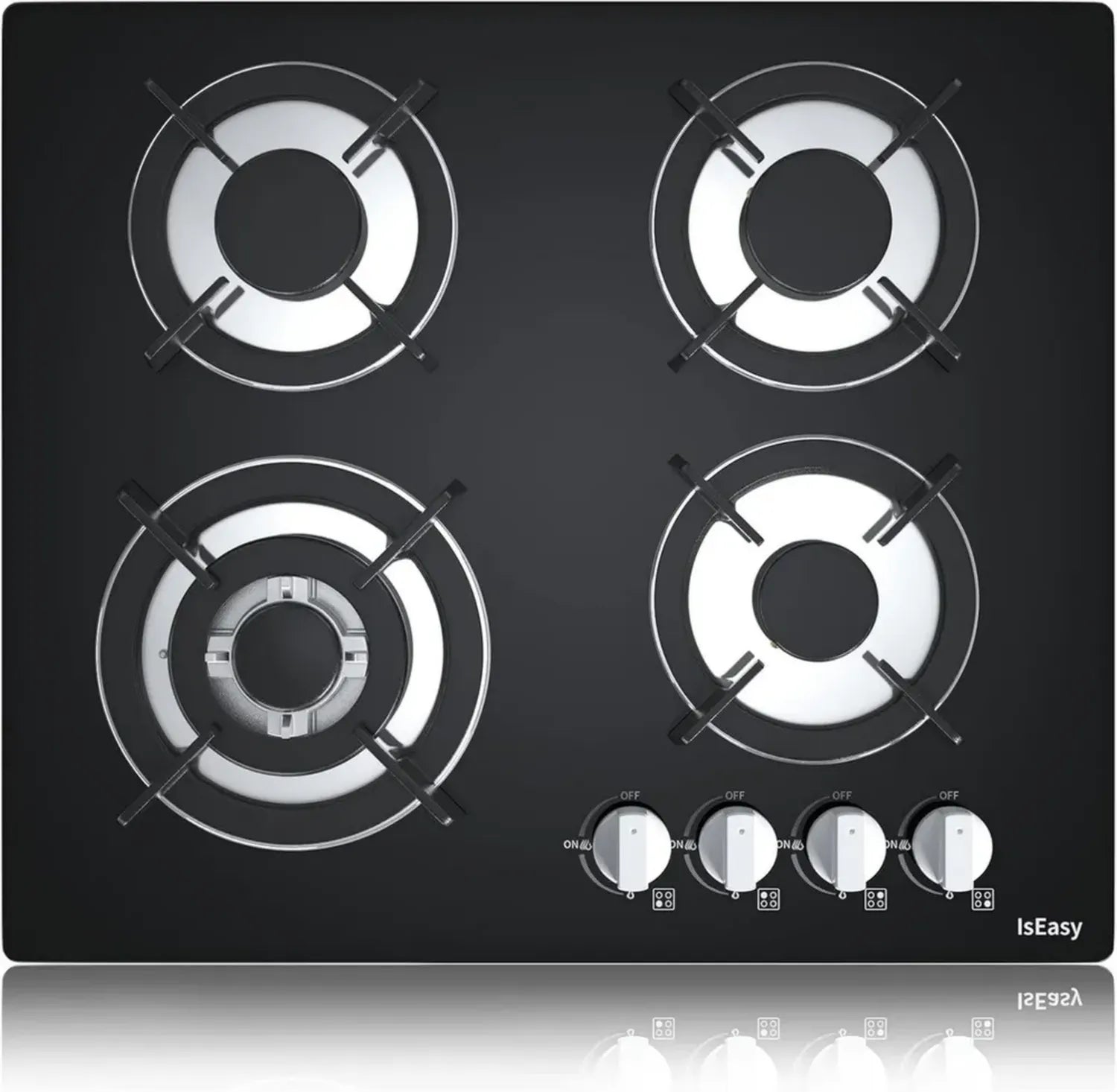 Piano cottura a gas 4 fuochi in vetro nero con protezione fiamma, compatibile gas naturale e propano, potenza 7800W