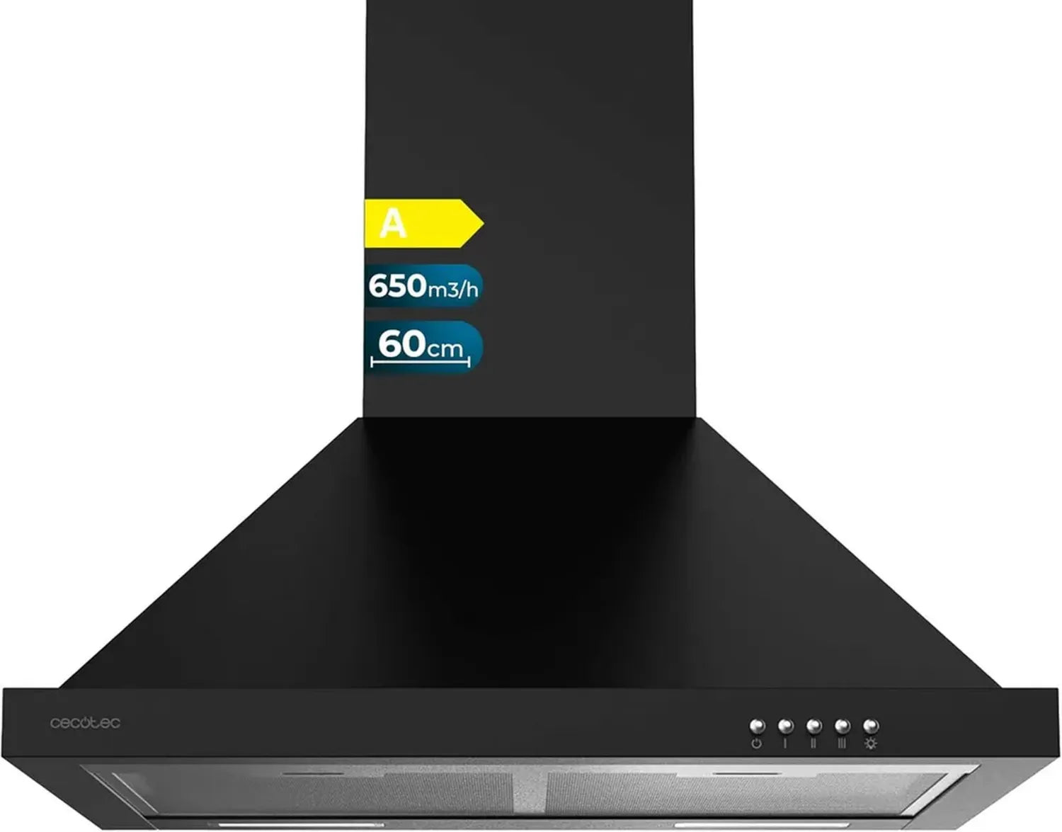 Cecotec Cappa Aspirante 60 cm Piramide Nero con Motore 165W, Finitura Inox, 650 m³/h, Controllo Meccanico, 3 Velocità, Luce e Filtro Carboni Attivi