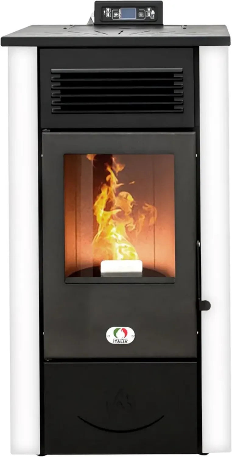 Stufa a Pellet Canada 12kW Canalizzata, Efficienza 91%, Scalda 120m², Autonomia 15 Ore, Programmabile, 5 Velocità, Garanzia 2 Anni, Colore Bianco