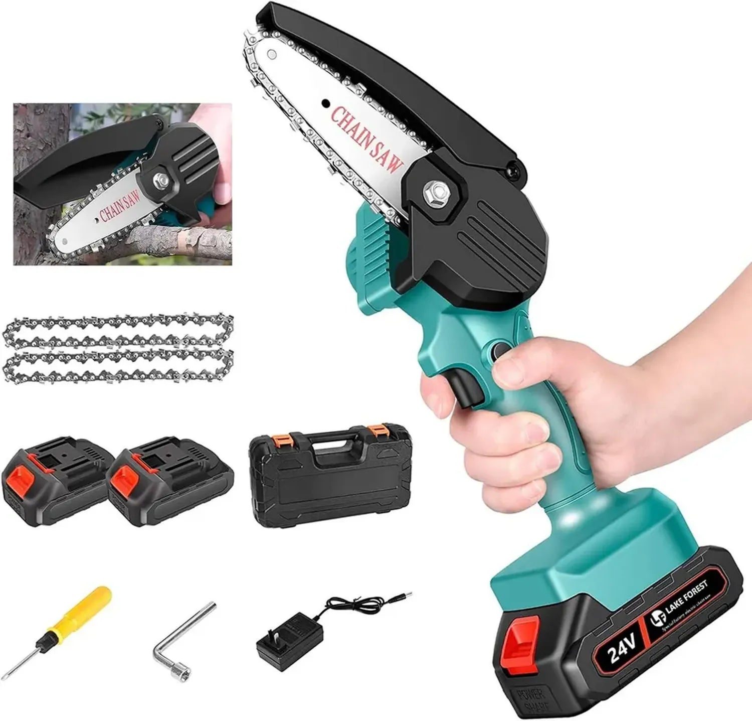Mini Motosega a Batteria 24V con 2 Batterie 1.5Ah, Seghe Elettriche Portatili con 2 Catene per Potatura Giardino e Taglio Legno