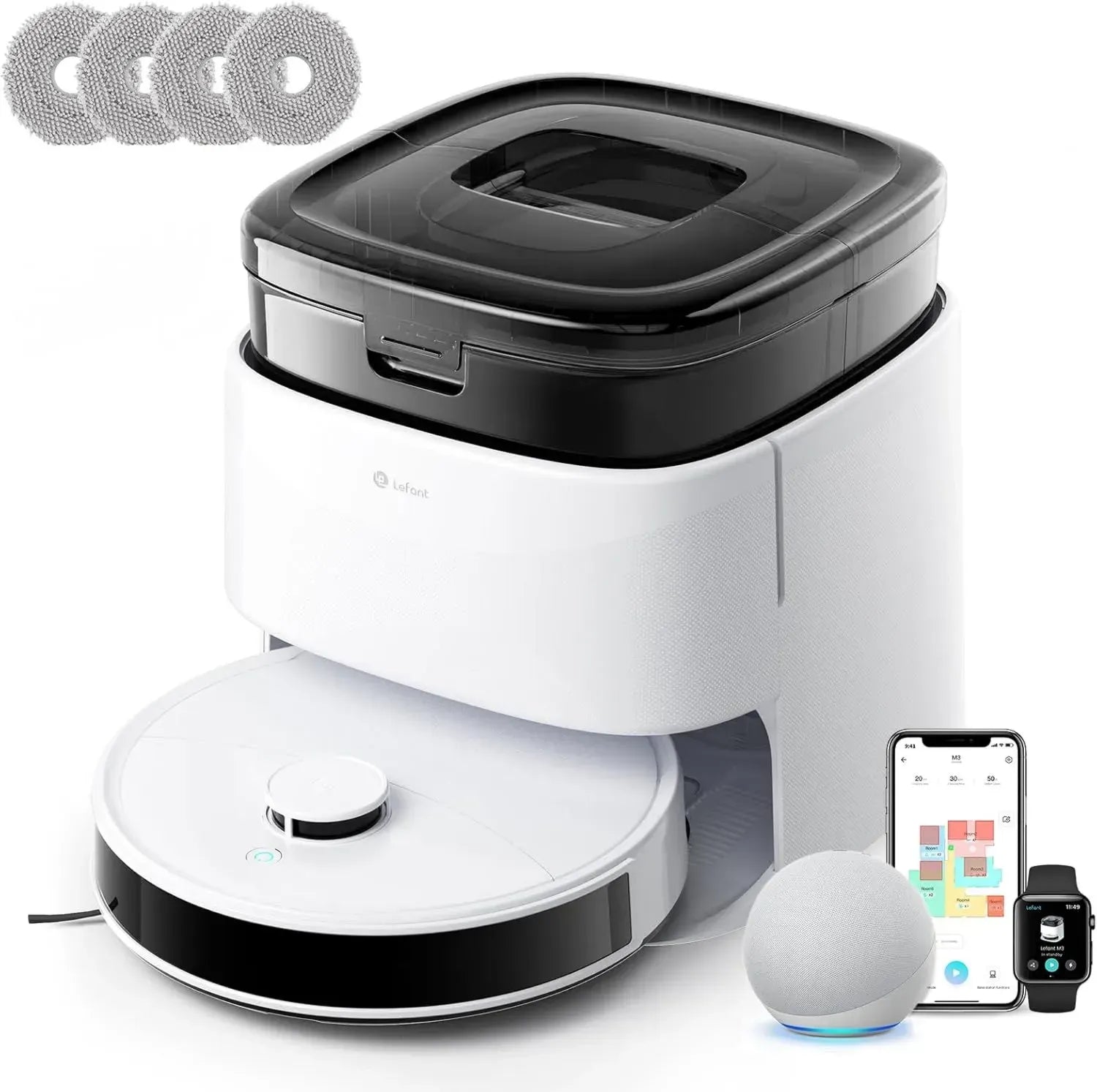 Robot Aspirapolvere e Lavapavimenti LEFANT M3 con Mappatura Avanzata, Rotazione Doppio Mocio 200 giri/min, 12.000 Pa, Navigazione Intelligente, Evitamento Ostacoli, Funzione di Asciugatura e Auto-Svuotamento, Controllo WIFI/App/Alexa