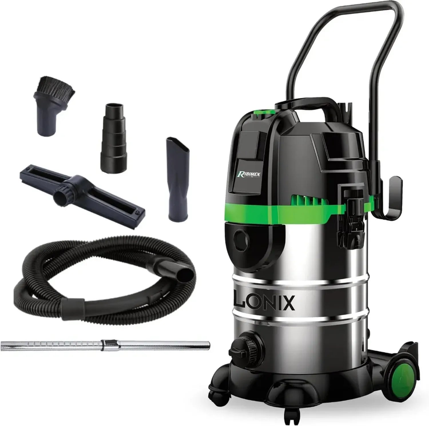 Aspirapolvere Ciclonico Ribimex 4 in 1 da 30 L, 1600 W, per Solidi, Liquidi e Cenere, con Funzione Soffiante e Scarico, Porta Utensili Elettrici, Accessori Compresi